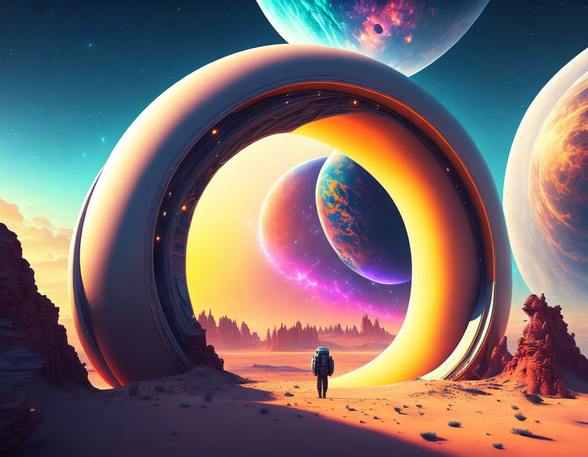 Astronaut on alien landscape with rings and planets in colorful sky