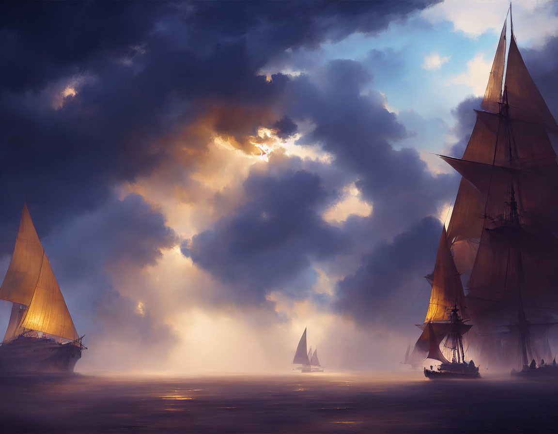 Sailing ships on misty golden sea under dramatic sky