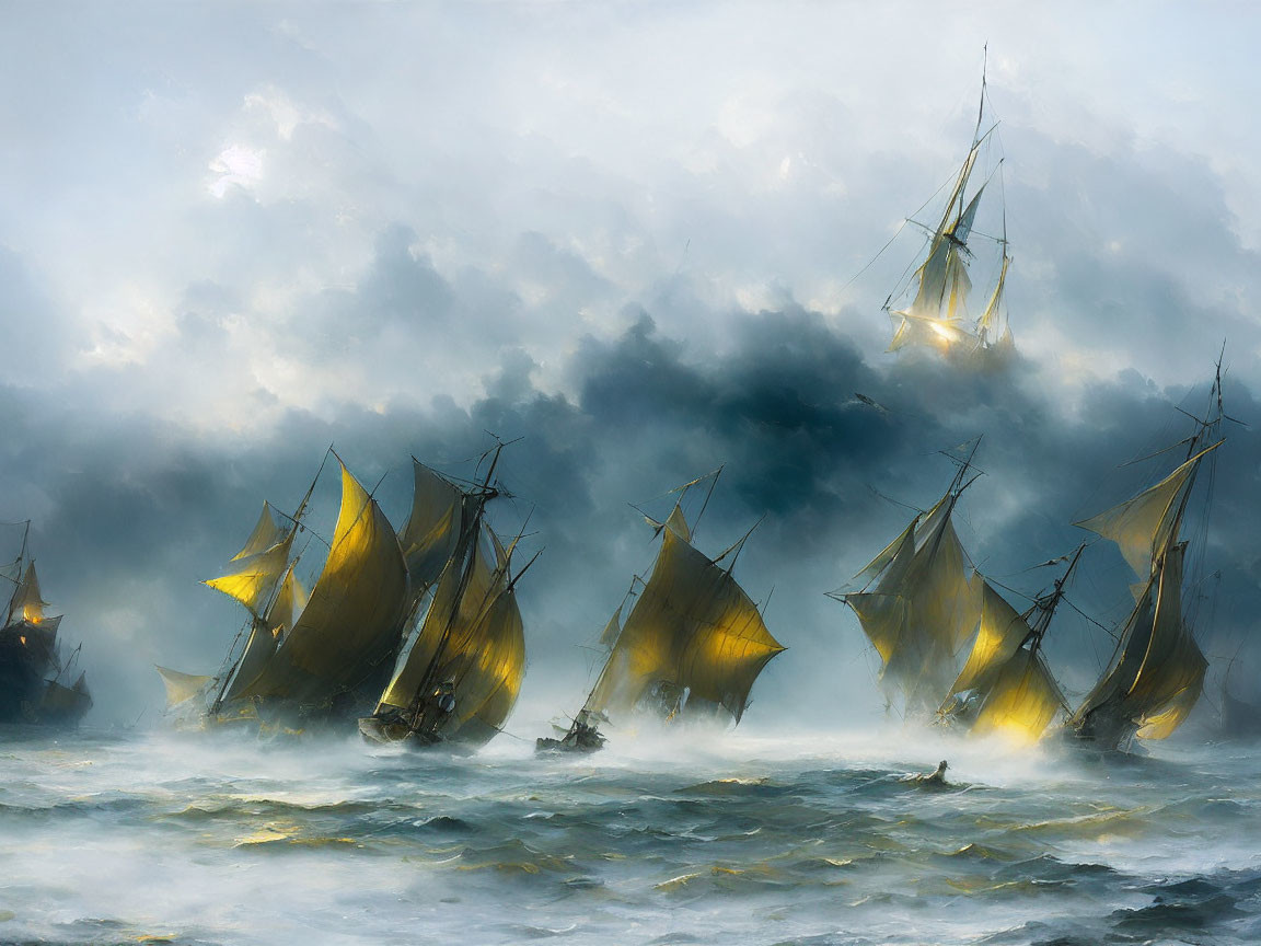 Golden sails on sailing ships in stormy seas