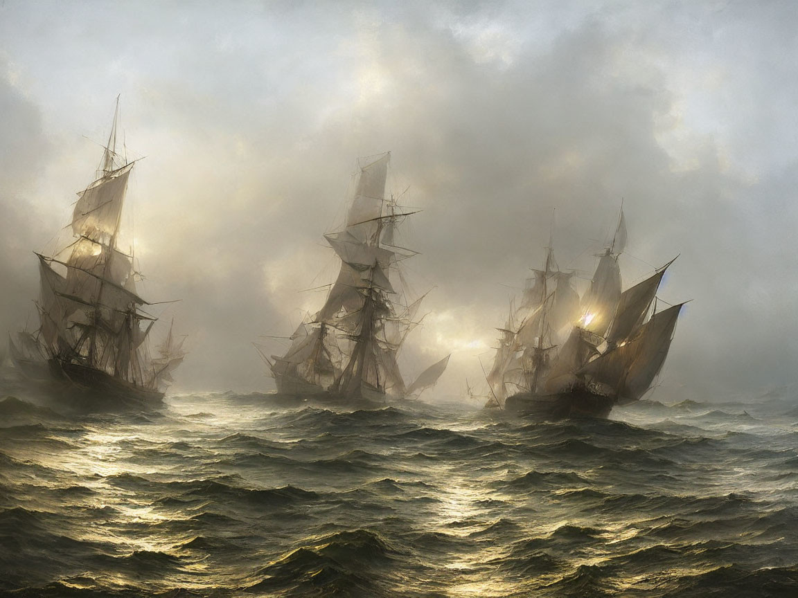 Misty seas with sailing ships and rolling waves