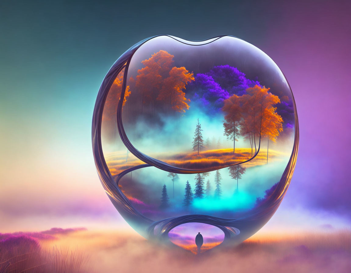 Colorful Trees and Solitary Figure in Transparent Apple Bubble