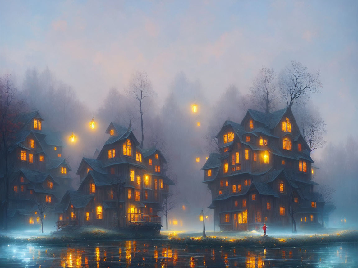 Rustic buildings illuminated by warm lights near water on foggy evening