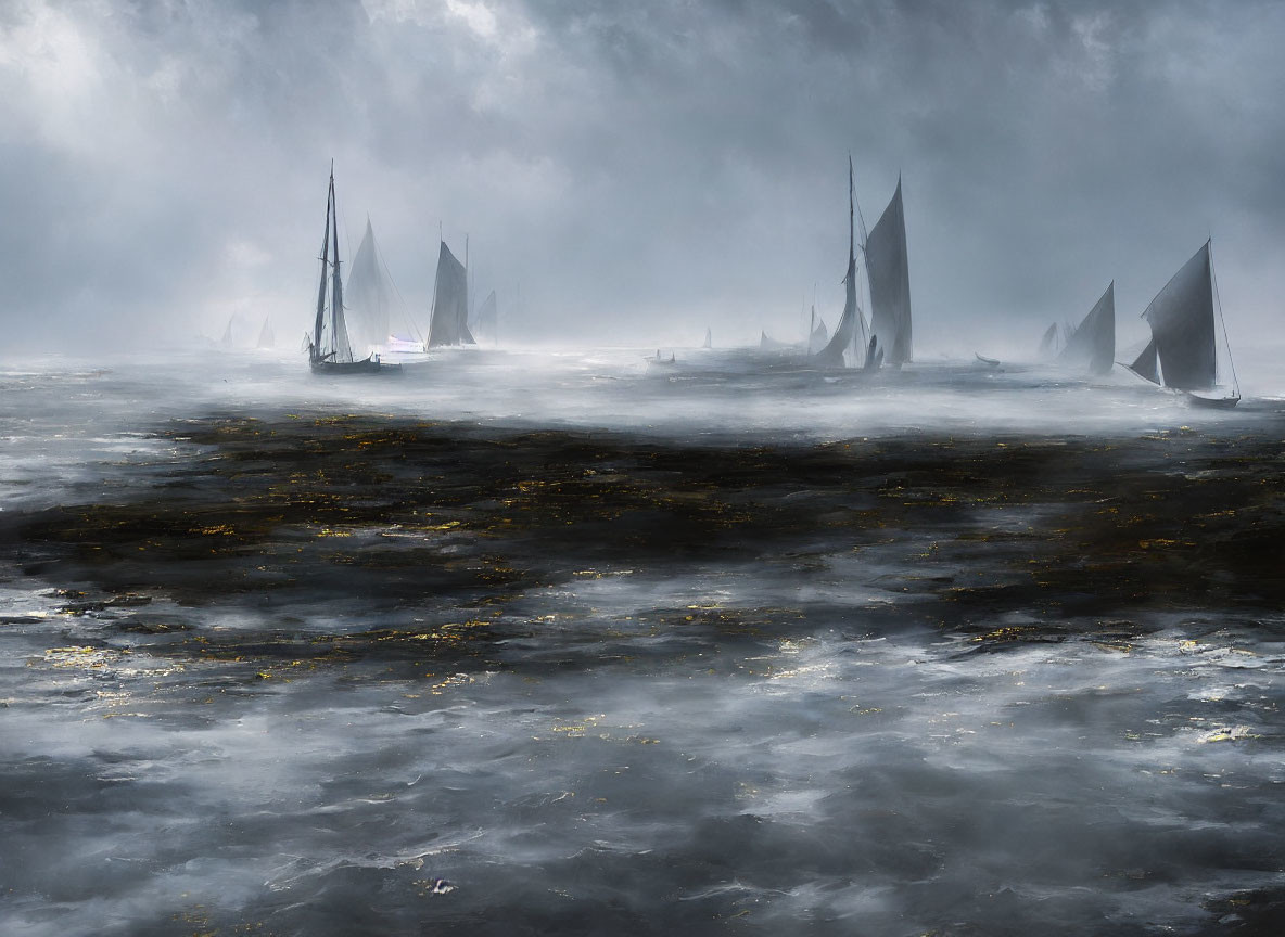 Sailboats in misty dark waters under subdued sunlight