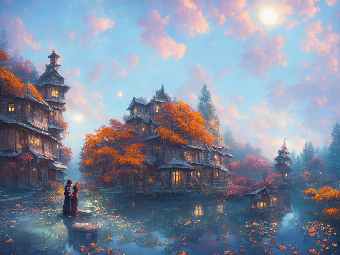 Tranquil lake scene with two people, traditional buildings, autumn trees, and glowing moon