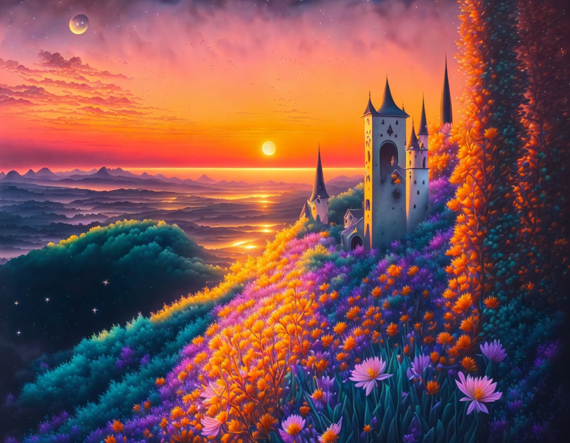 Colorful fantasy landscape: castle, flowers, sunset, river, mountains