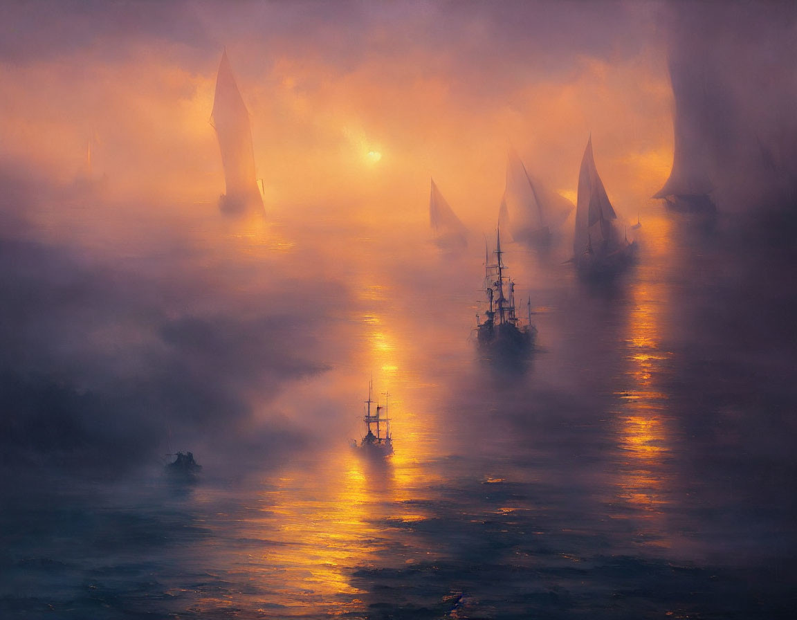 Misty seascape with sailboats and ships at sunrise or sunset