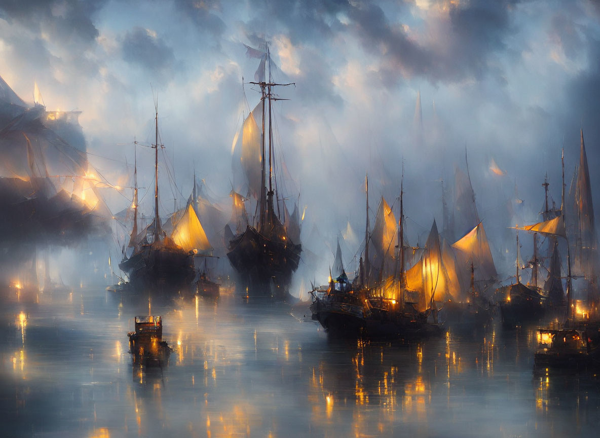 Illuminated old-fashioned sailing ships on misty water at dusk or dawn