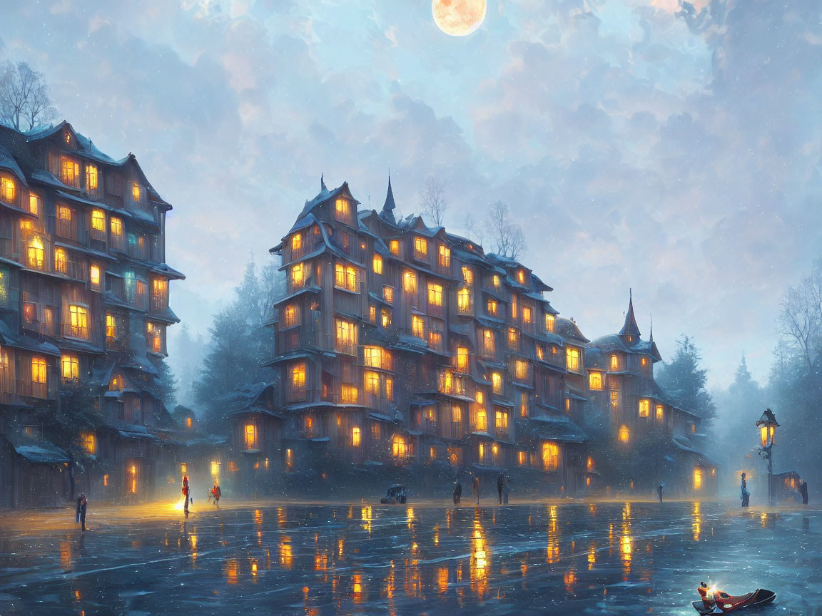 Traditional wooden building illuminated at night with moon reflection