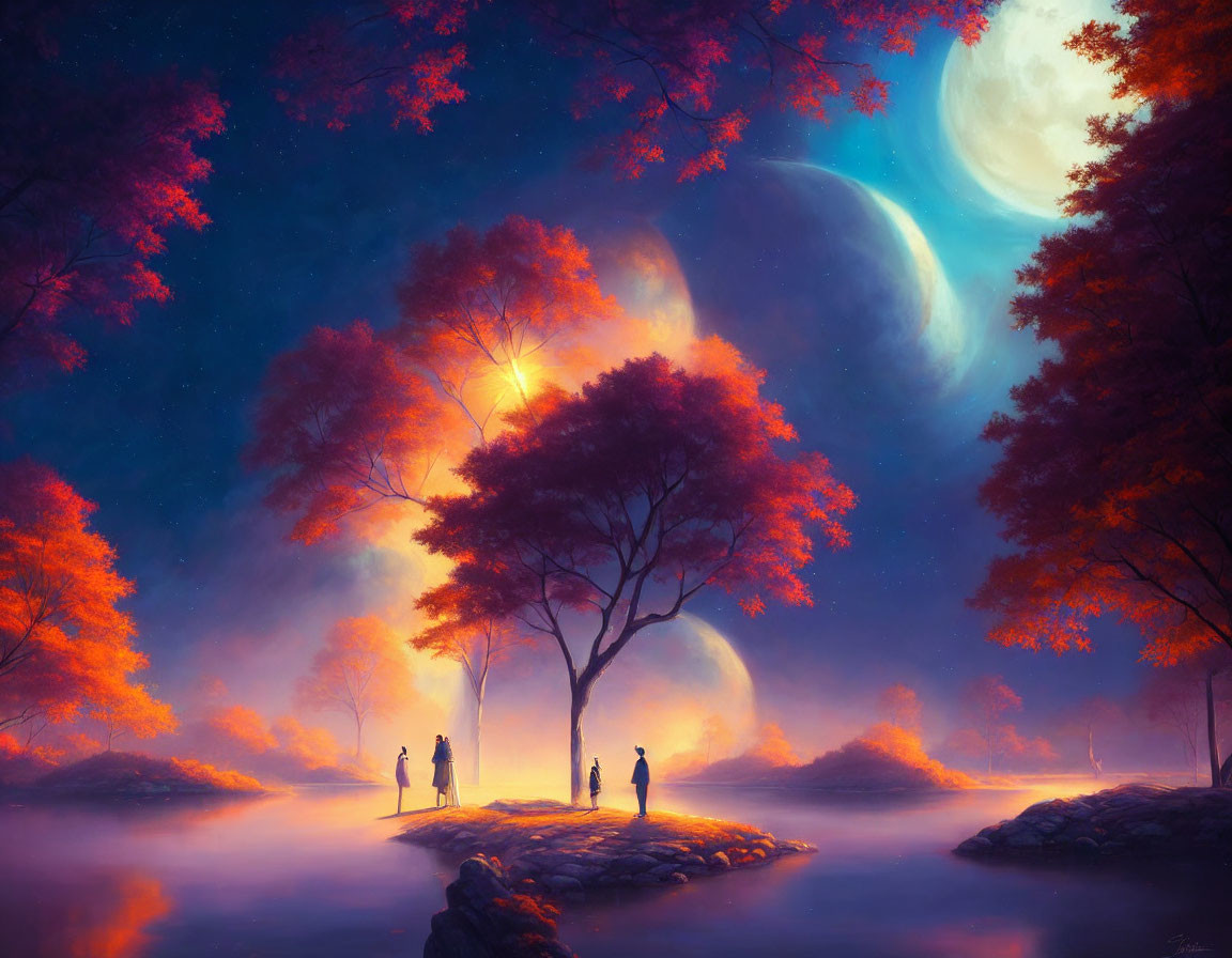 Vibrant orange trees under starry night sky with moon, misty lake, and silhou