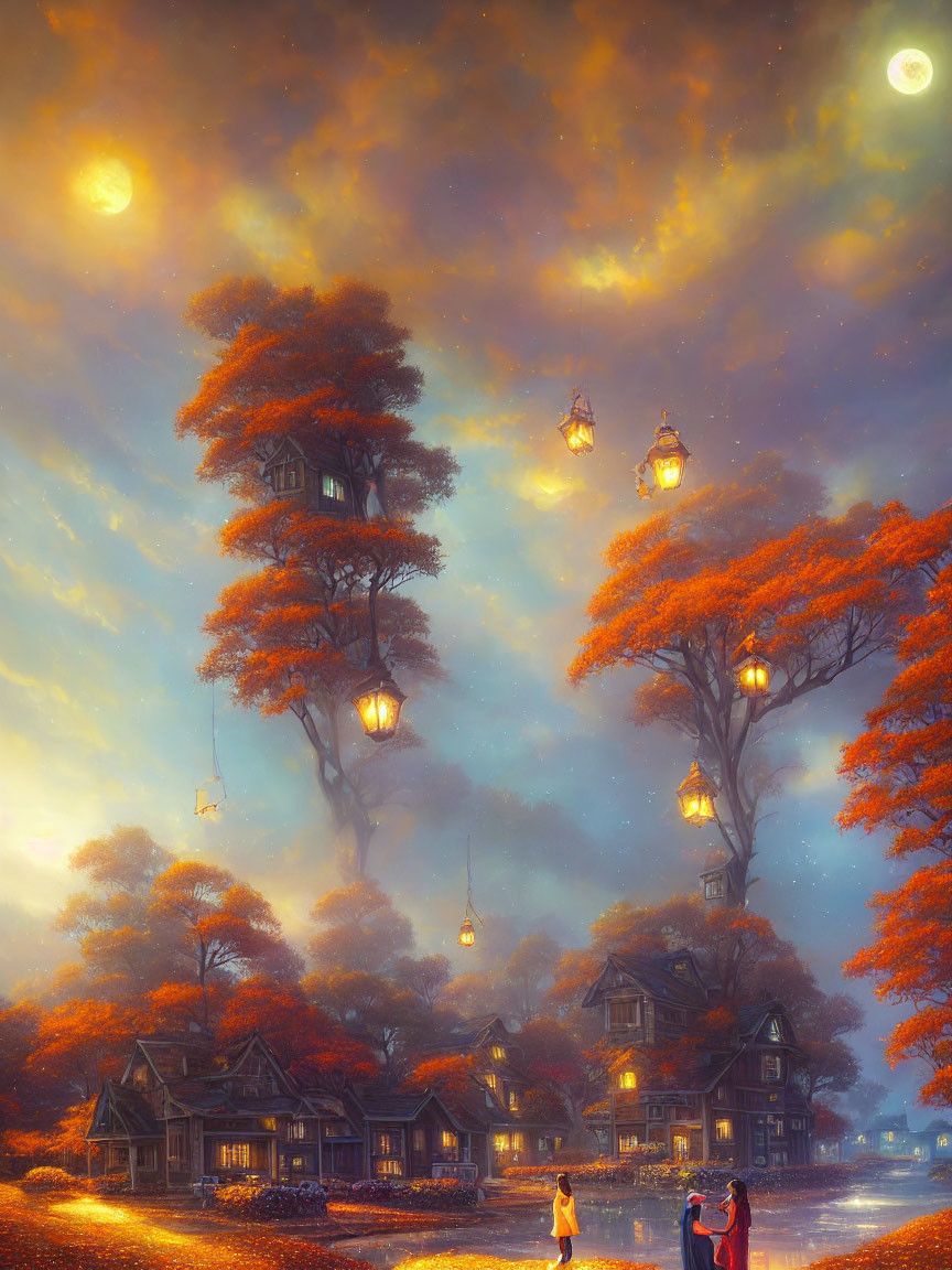 Enchanting fantasy evening with towering trees, glowing lanterns, and two figures.