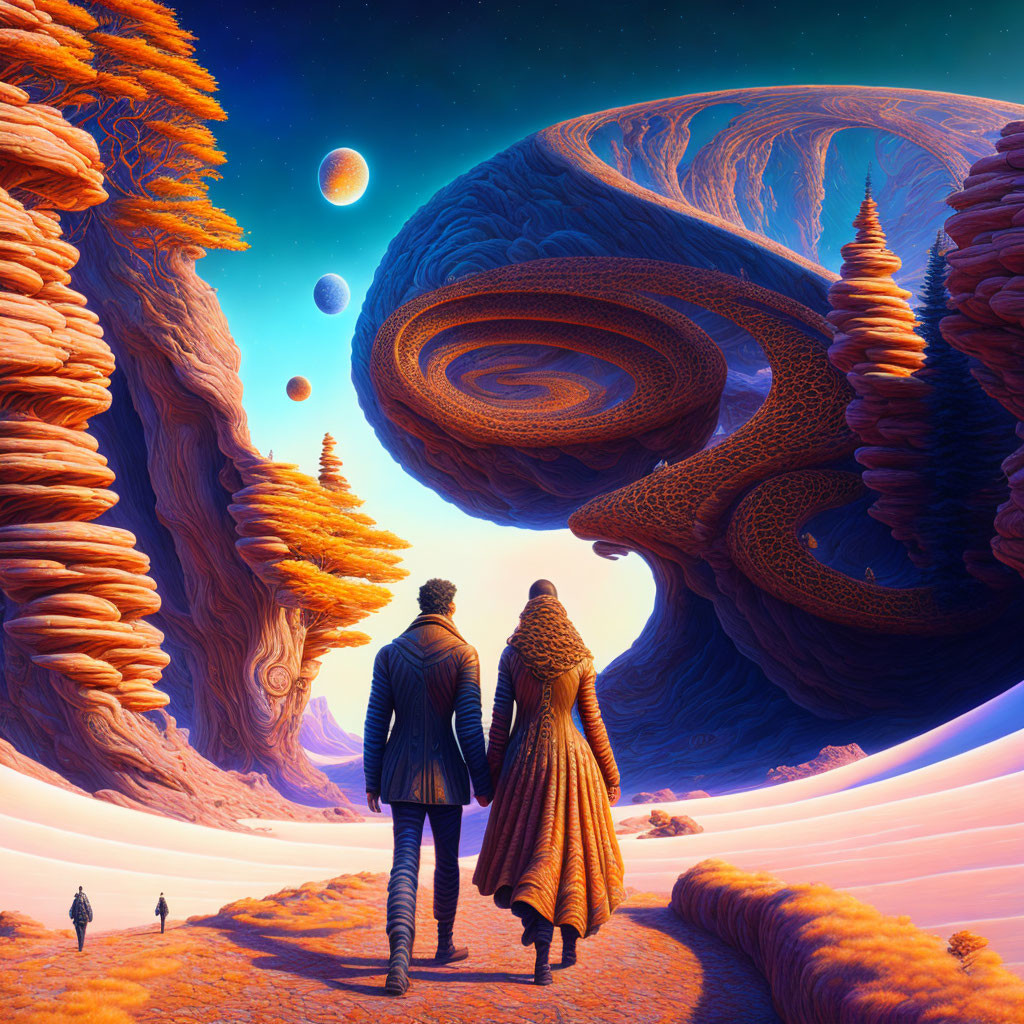 Couple walking in surreal alien landscape with towering rocks and multiple moons