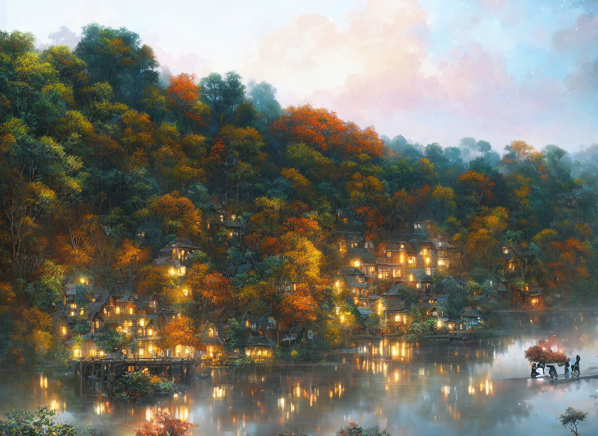 Autumnal village nestled by lake with glowing lights at dusk