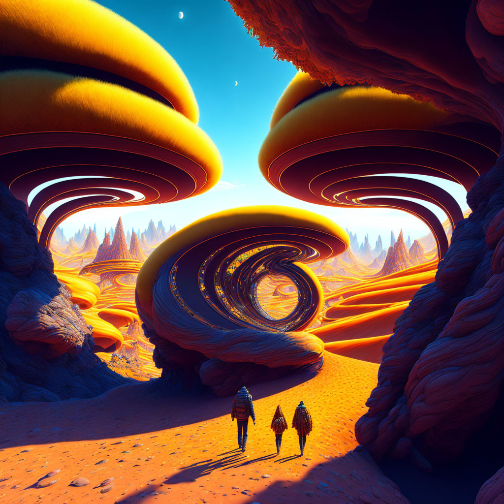 Surreal landscape with towering mushroom-like structures and swirling patterns