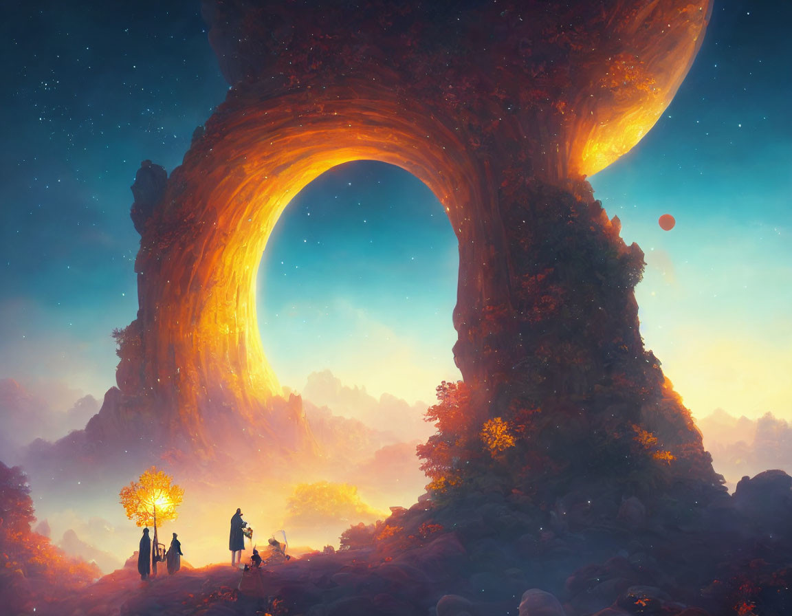 Twilight landscape with glowing arch, figures, dog, and red planet