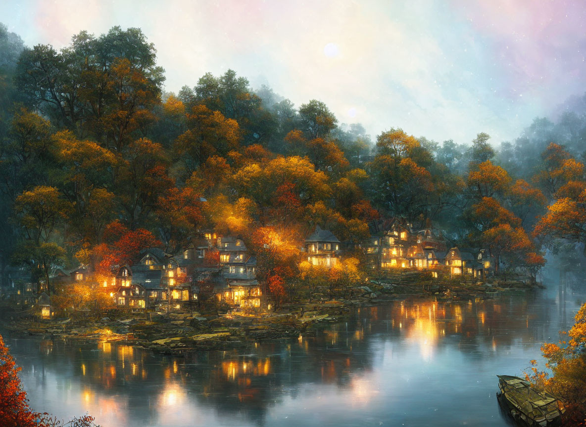 Scenic Autumn Village with Illuminated Houses by Calm River