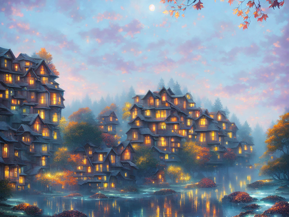 Fantasy village with traditional wooden houses under twilight sky