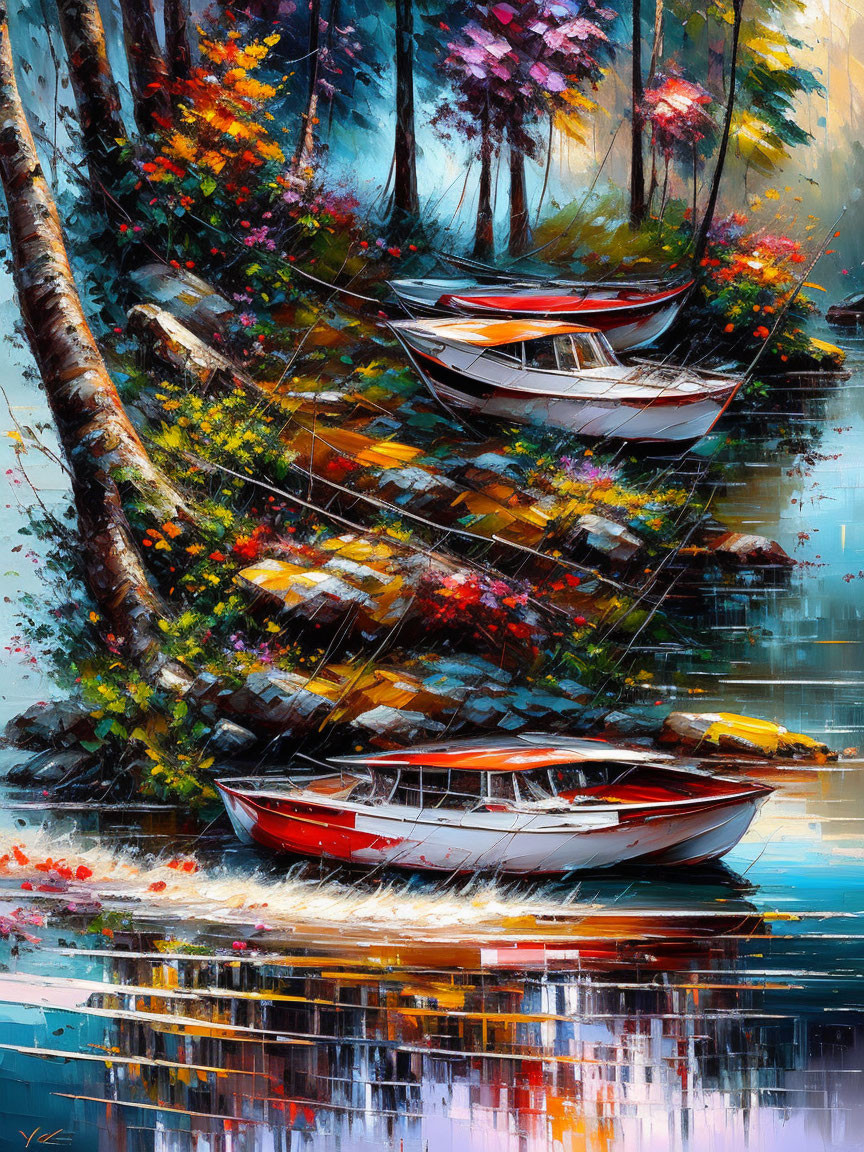 Colorful painting of boats by lakeside with vibrant foliage and water reflections