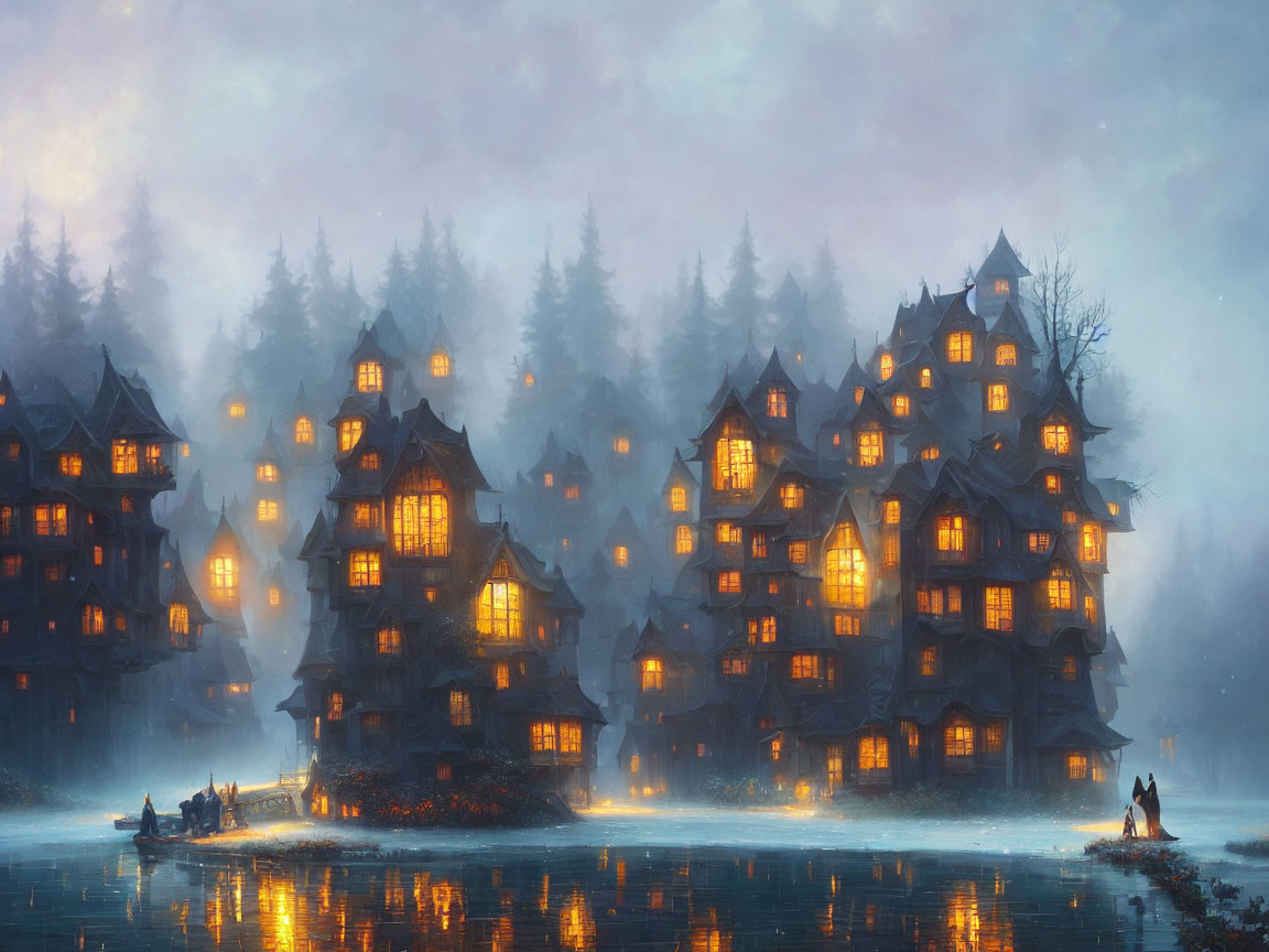 Fantasy village with towering houses in misty forest by tranquil lake