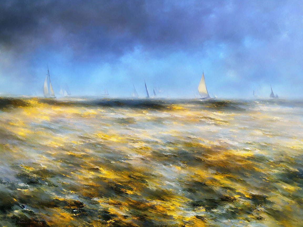 Sunlit Sea: Sailboats on Golden Waves under Blue Sky