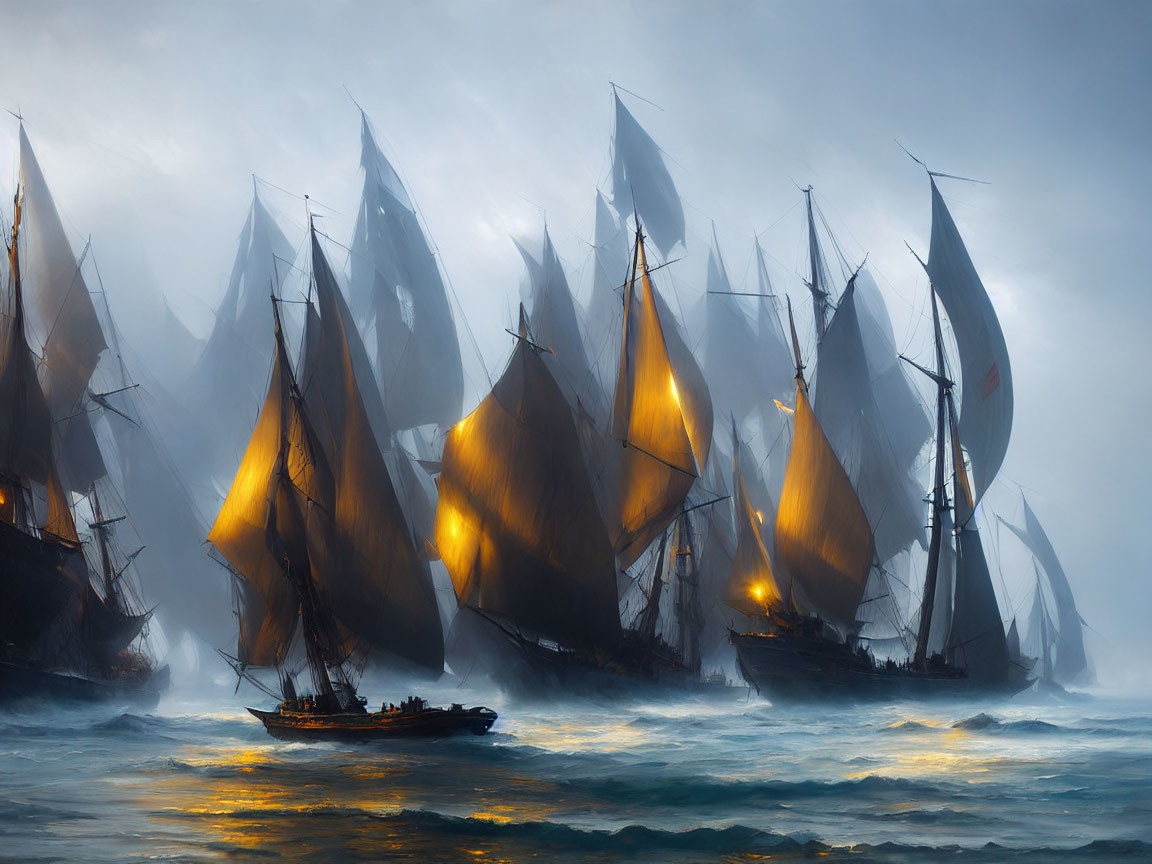 Majestic tall ships with illuminated sails in misty sea waters