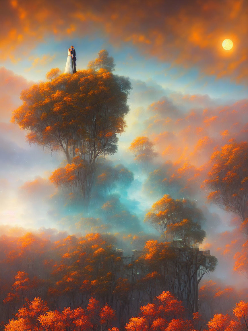 Couple on surreal oversized tree in dreamy orange landscape at twilight