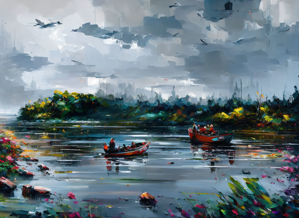 Impressionistic painting: People in boats, reflective water, flowers, greenery, cloudy sky