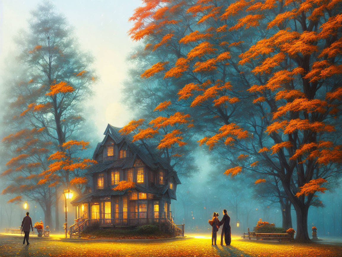 Victorian house at twilight with autumn trees and people strolling