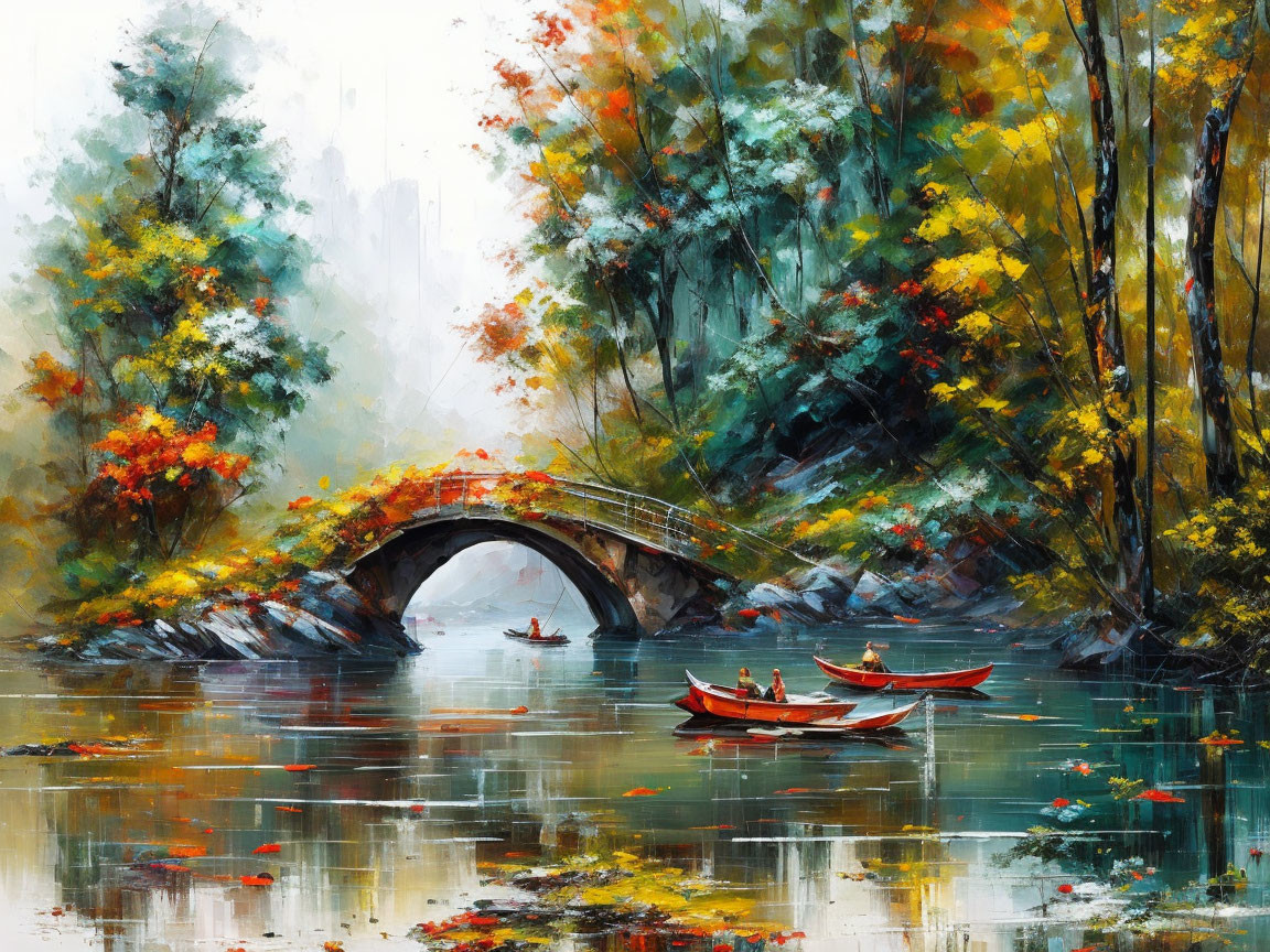 Vibrant autumn foliage, stone bridge, red boats on river