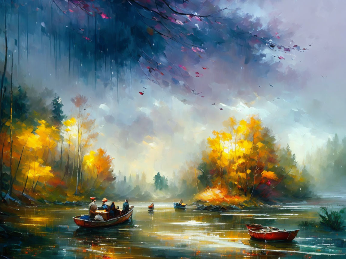 Scenic painting: people in boats on serene river with autumn trees and falling rain