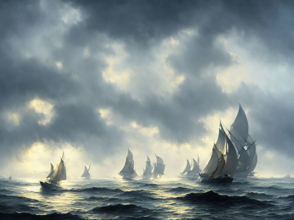 Sailing ships on stormy seas with billowing sails and cresting waves