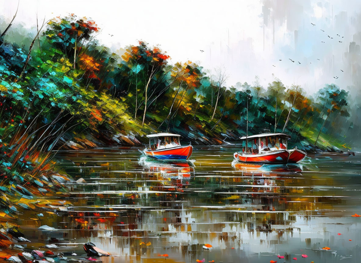 Vibrant autumn foliage and colorful boats on tranquil river with bird reflections