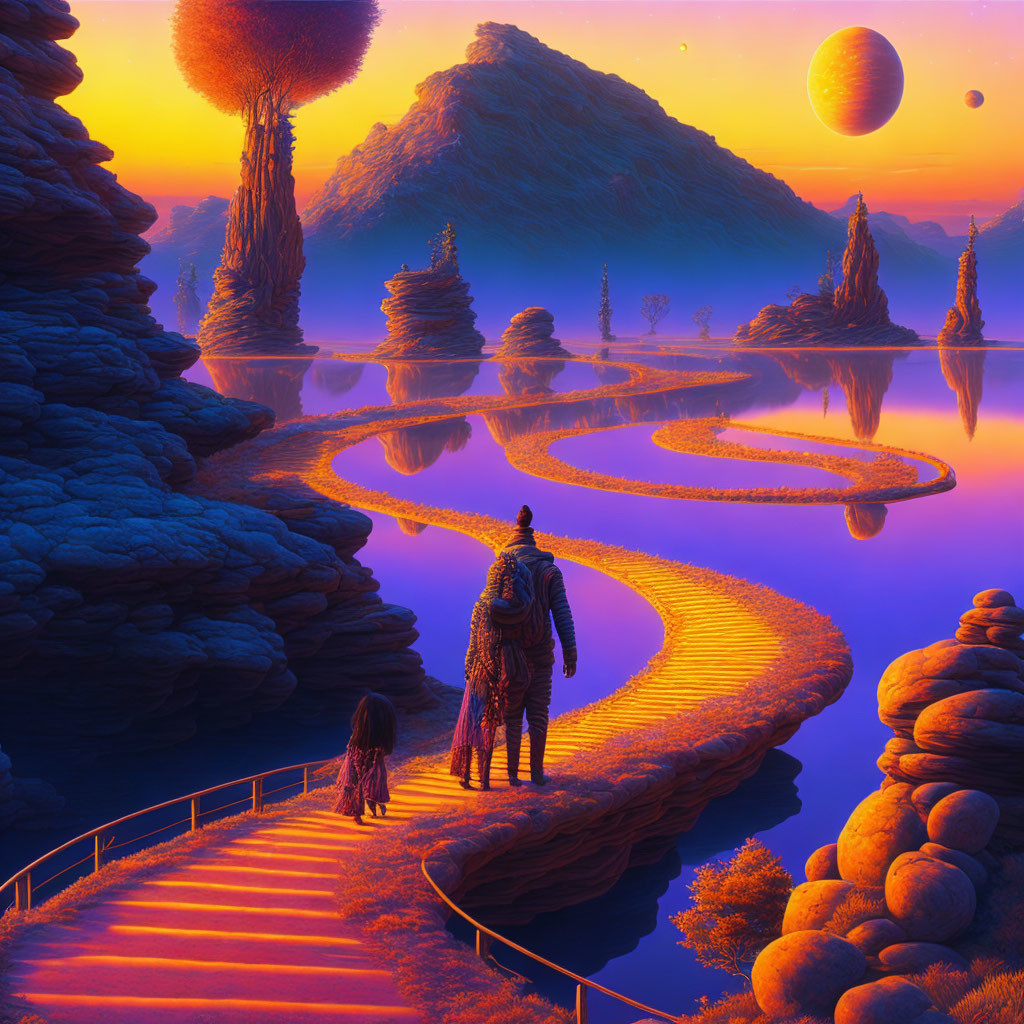 Alien sunset landscape with figures on pathway surrounded by rocks, water, and celestial bodies