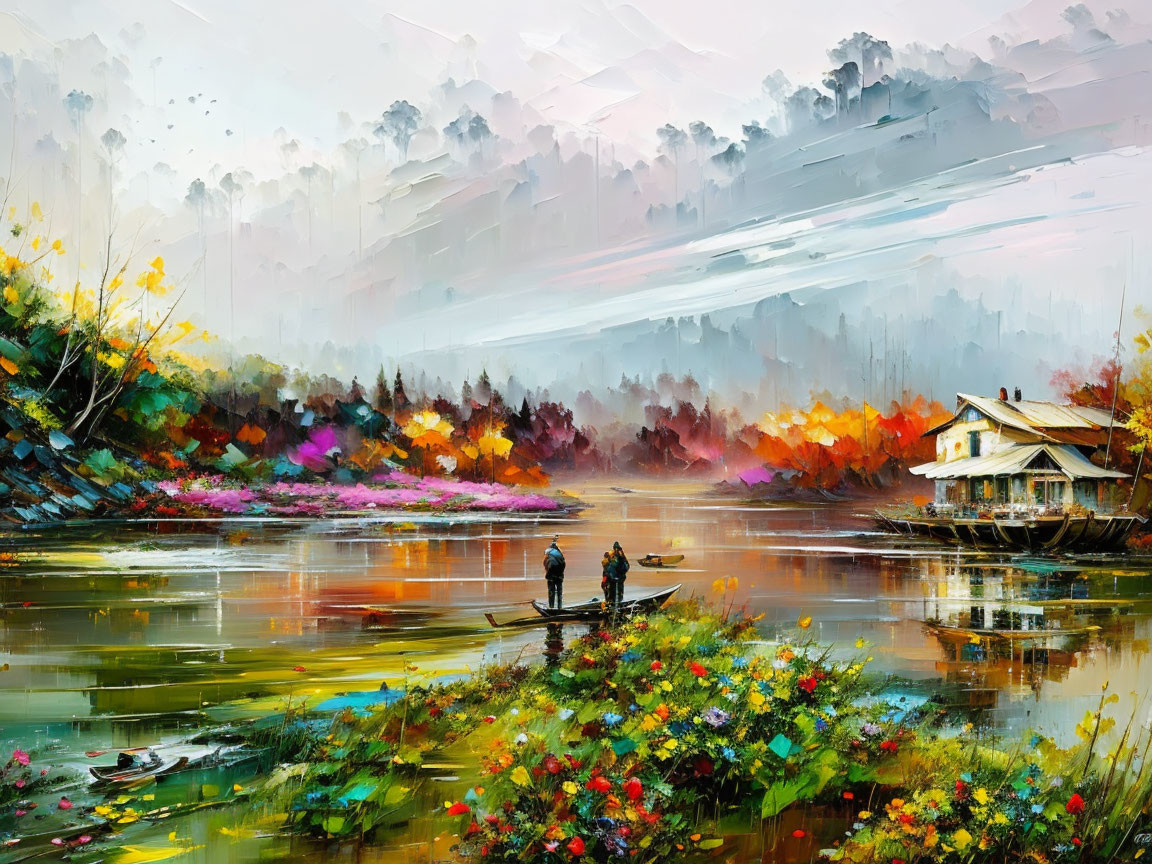 Vibrant impressionistic landscape: calm river, boat, floral riverbanks, quaint house, mist