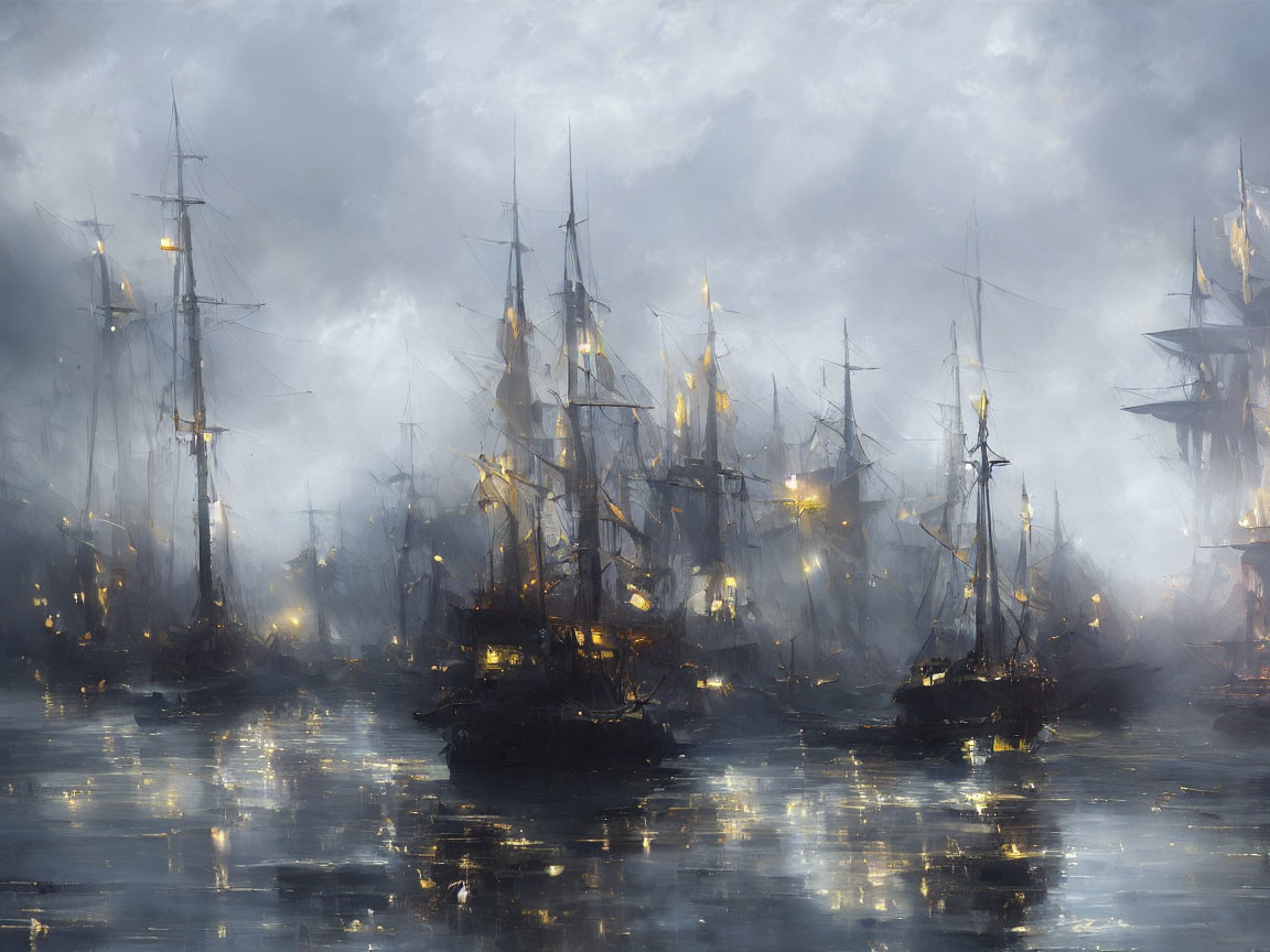 Sailing ships with lit lanterns in misty, serene maritime scene