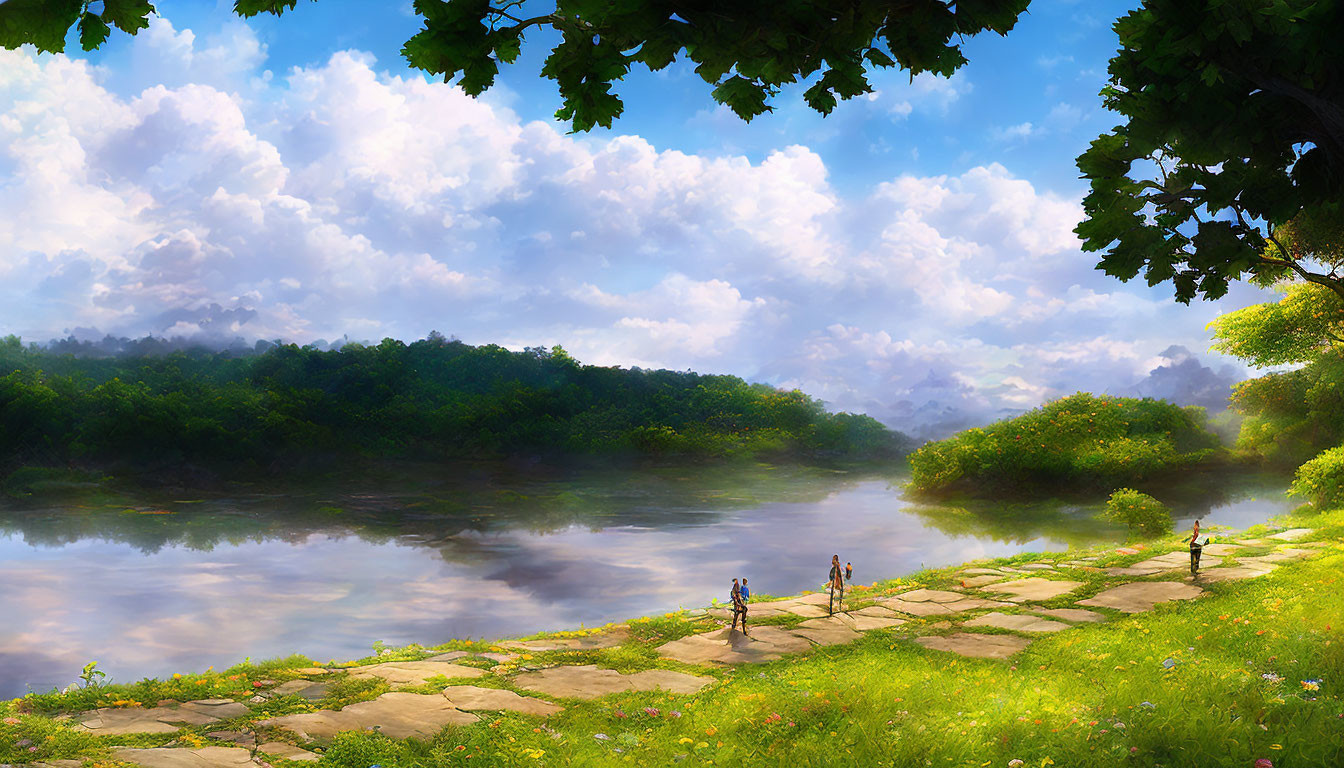 Tranquil river landscape with cobblestone path