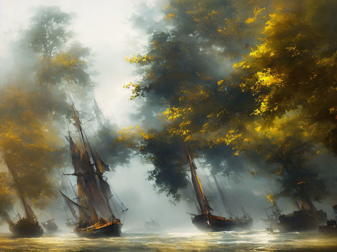 Sunlit misty river with tall ships navigating forested waters