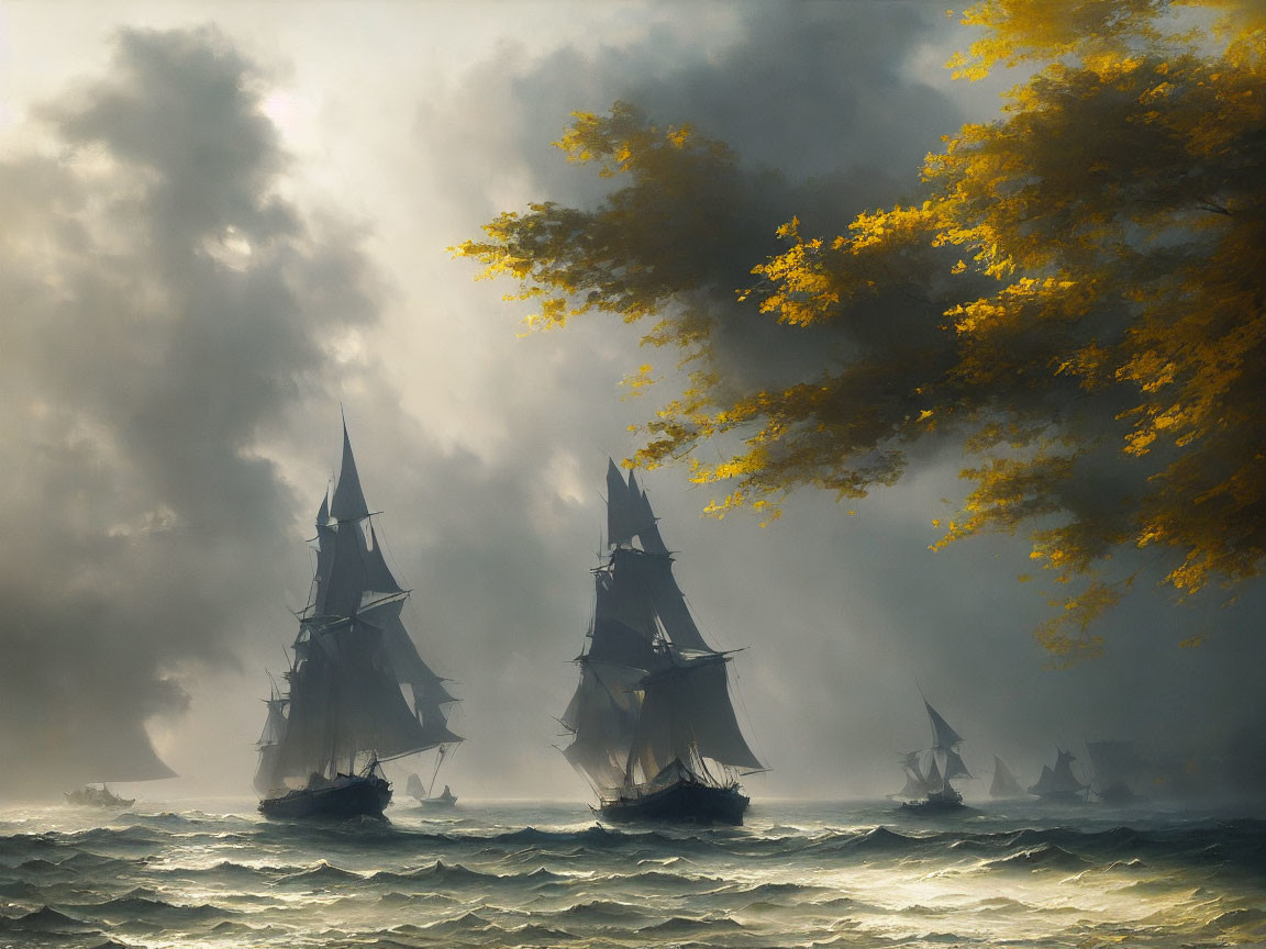 Sailing ships on turbulent seas under dramatic sky with autumn foliage.