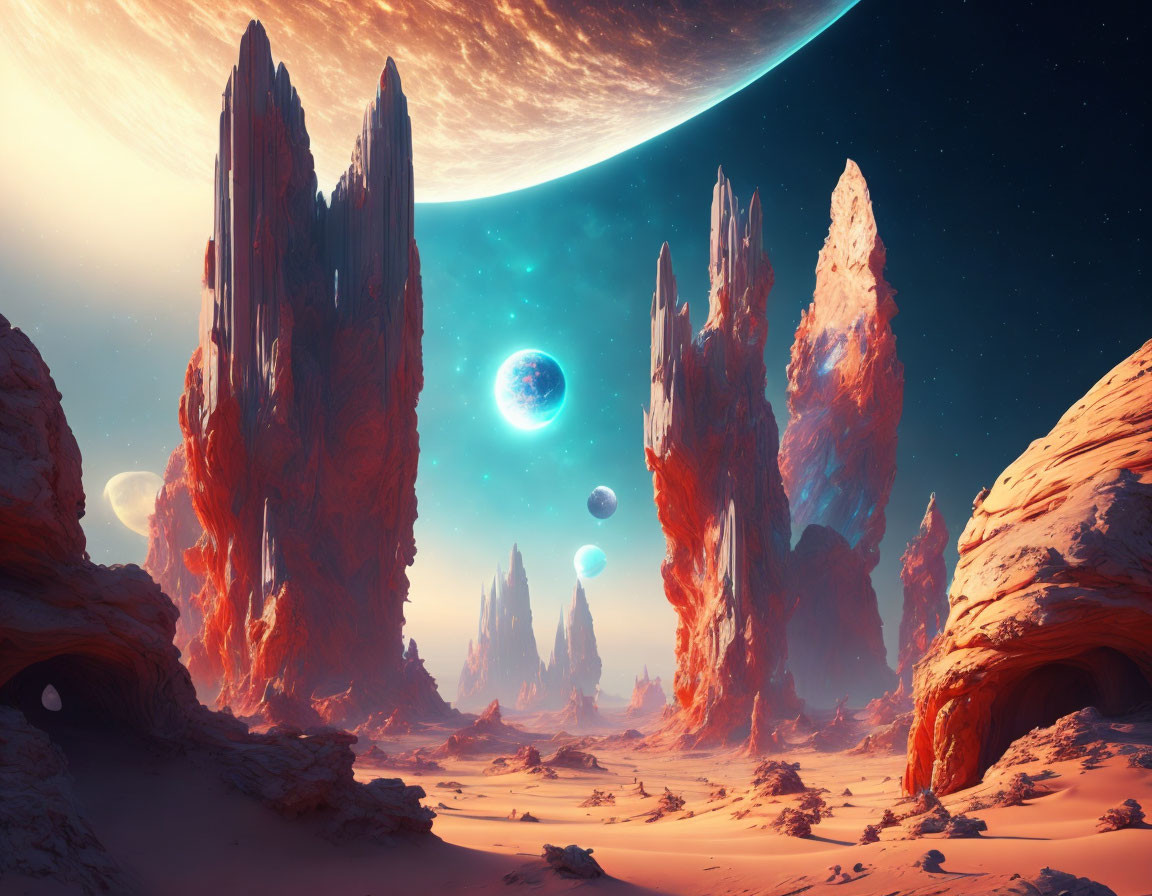 Alien landscape with towering rock formations and multiple moons.