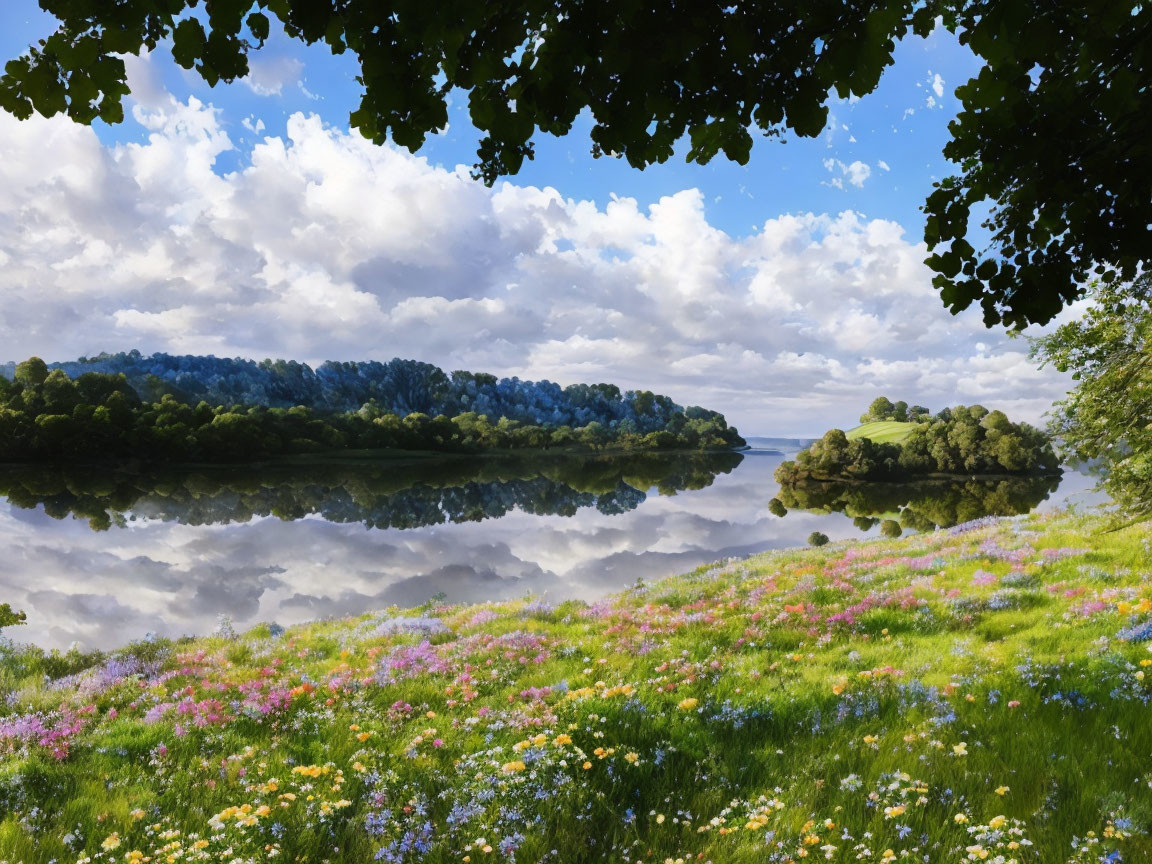 Tranquil River Landscape with Trees and Wildflowers