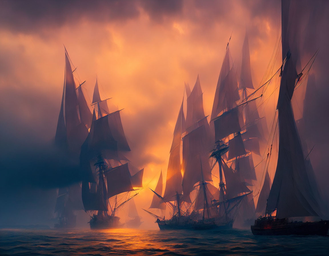 Tall ships with billowing sails on misty sea under orange sky