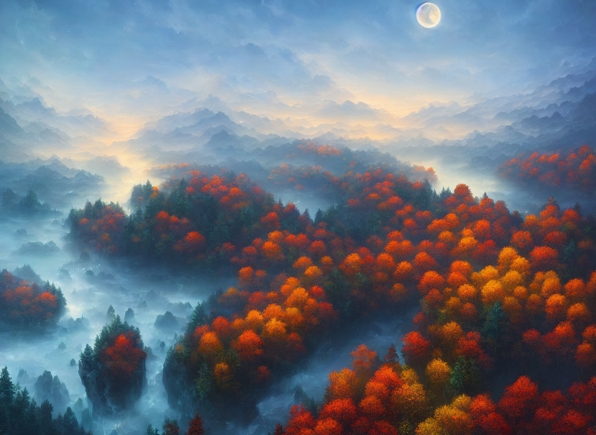 Misty autumn forest with mountains, orange foliage, and glowing moon