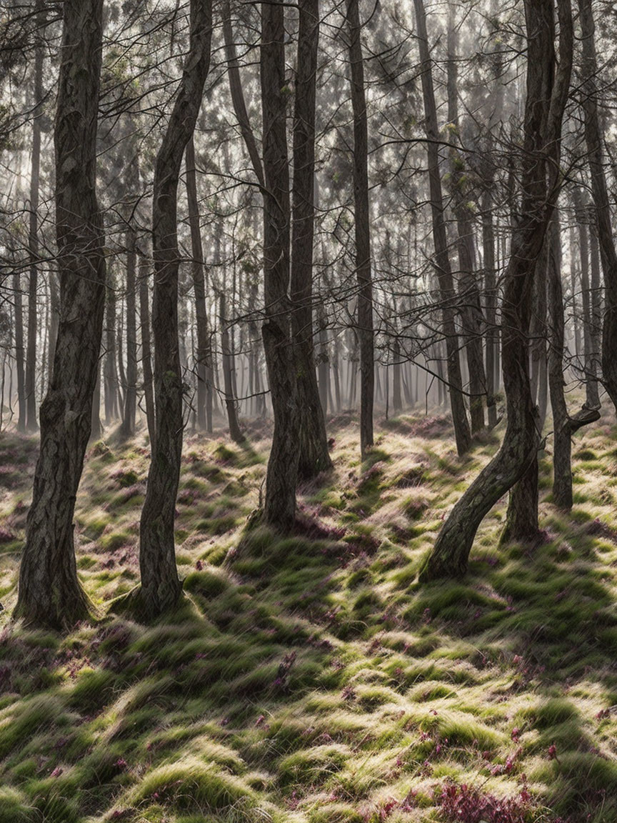 Tranquil forest scene with sunbeams, tall trees, shadows, and undergrowth