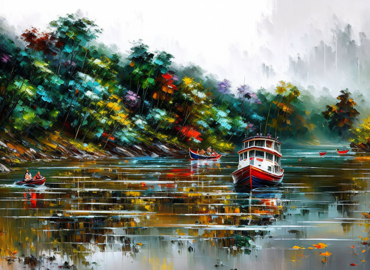 Colorful boats on river with autumn foliage in misty forest