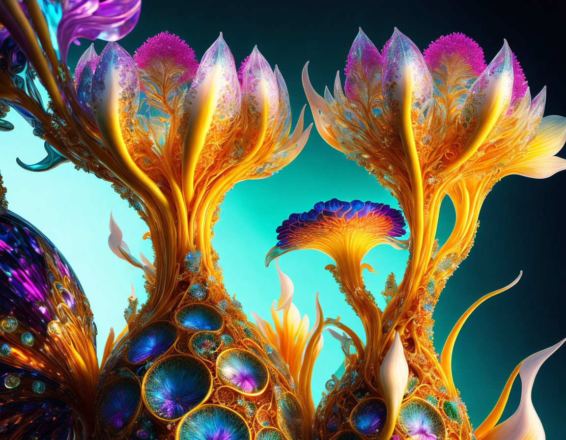 Vibrant digital art: ornate tree structures with peacock feather motifs