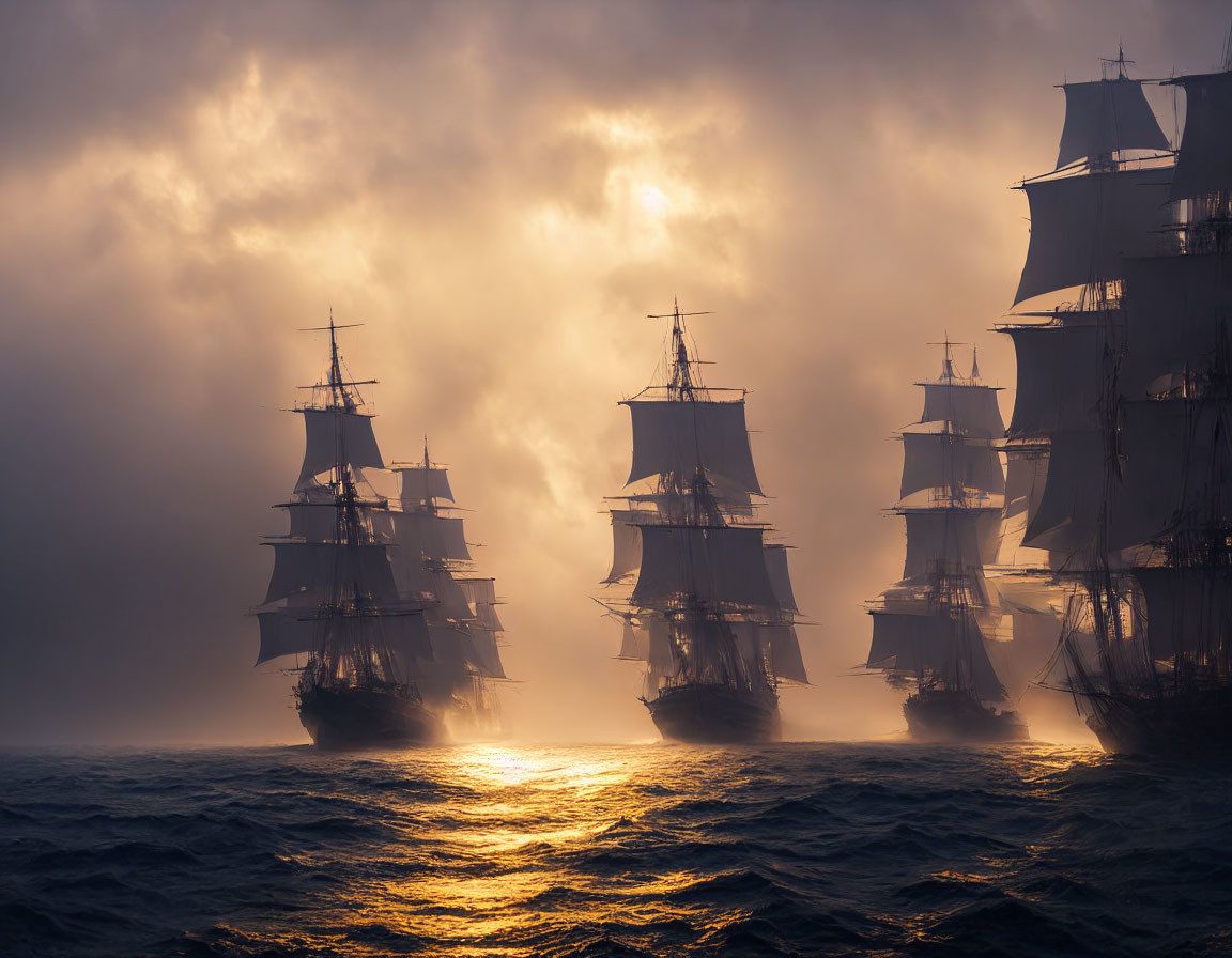 Historic sailing ships in misty golden sea.