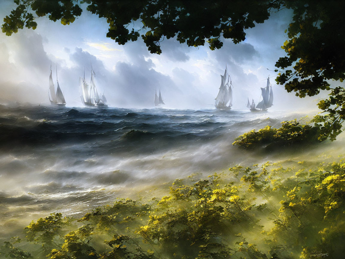 Sailing ships in misty sea with glowing sunlight