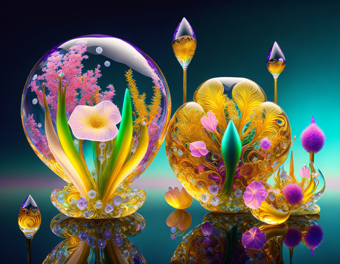 Colorful Glass Plant and Flower Sculptures on Reflective Surface with Blue-Green Gradient Background