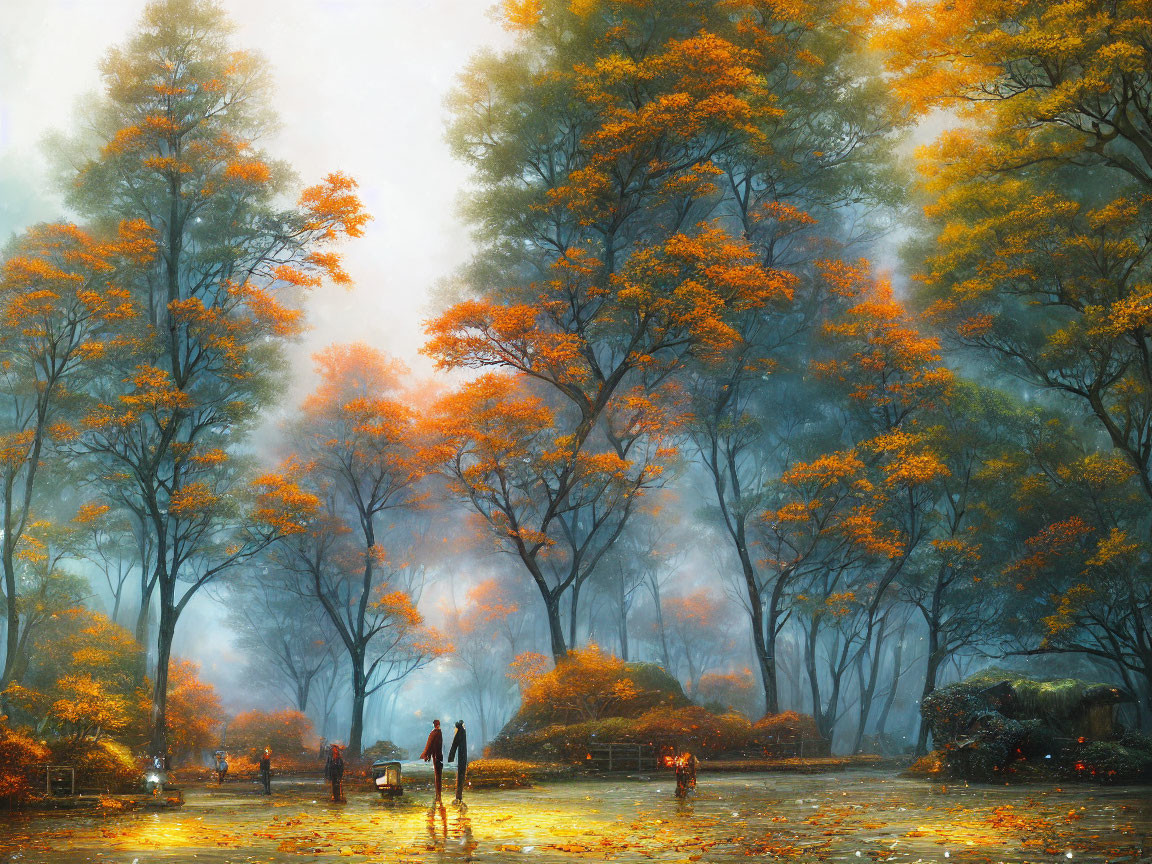 Tranquil autumn park with tall trees, golden leaves, and foggy ambiance