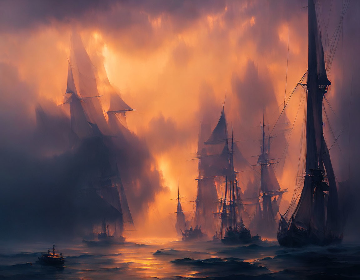 Golden-hued sky over misty waters with sailing ships and sunlight piercing through clouds