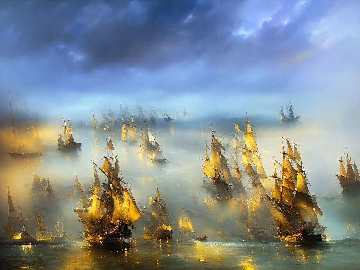 Sailing ships on misty waters at twilight with golden sunlight filtering through clouds